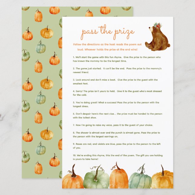 Pass the prize baby shower game - pumpkin autumn (Front/Back)