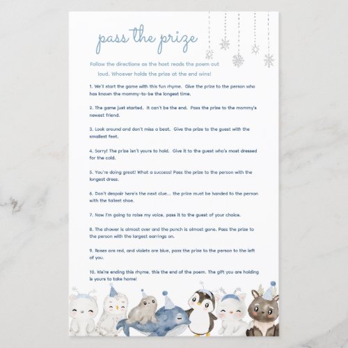 Pass the prize baby shower game Winter Animals