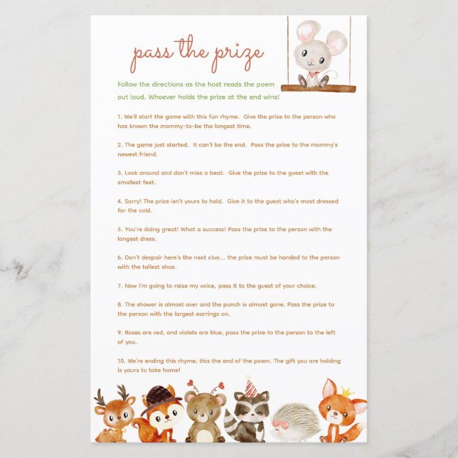 Pass the prize baby shower game Woodland Creatures (Front)