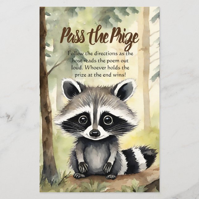 Pass the Prize Game Baby Raccoon Baby Shower  (Back)