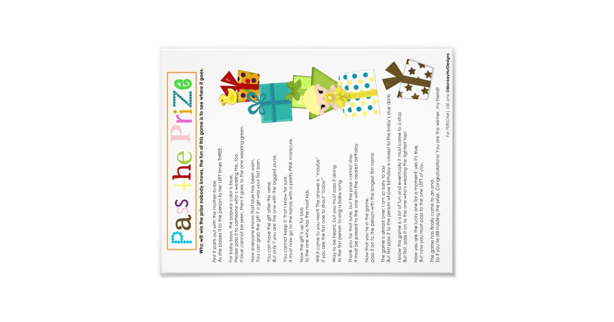 Pass the Prize game sheet MonkeyHutDesigns Photo Print | Zazzle.com