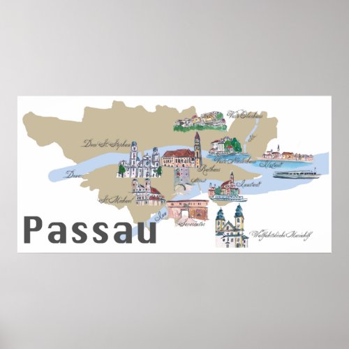 Passau Germany highlights map Poster