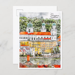 Passau Germany vintage travel watercolor Postcard