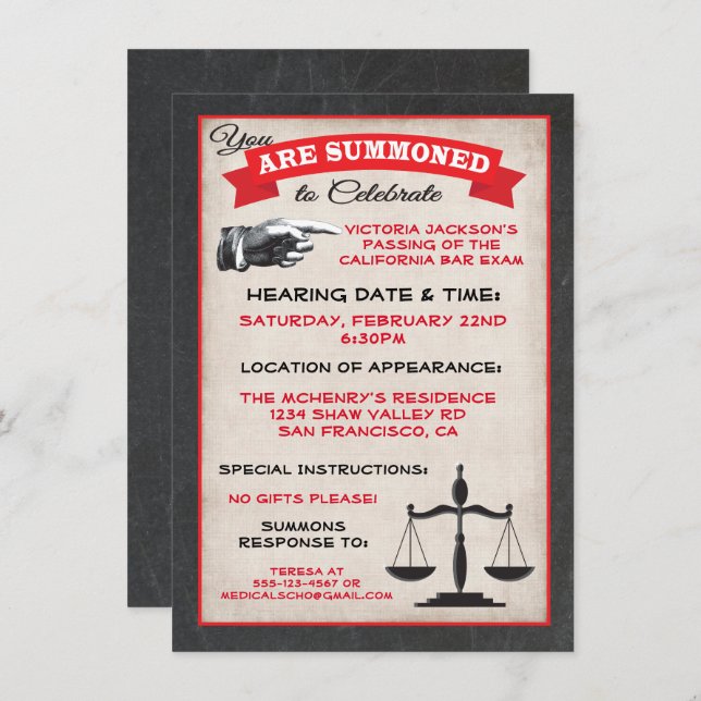 Passed the Bar Exam Law School Invitation Summons (Front/Back)