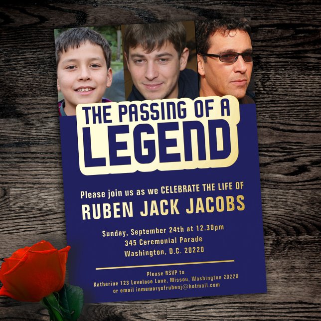 Passing of a legend funeral photo blue memorial  foil invitation (Creator Uploaded)