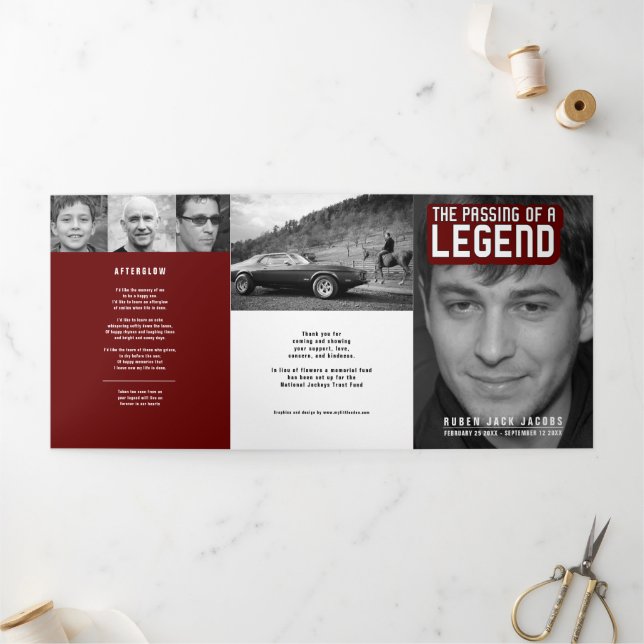 Passing of a legend Funeral service red 12 photo Tri-Fold Program (Outside)