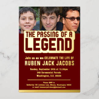 Passing of legend funeral dark red memorial foil invitation