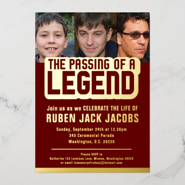 Passing of legend funeral dark red memorial foil invitation (Front)