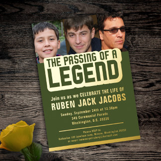 Passing of legend funeral green gold memorial foil invitation