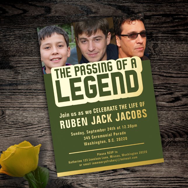Passing of legend funeral green gold memorial foil invitation (Creator Uploaded)