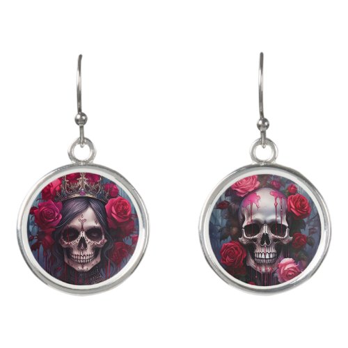 Passion and Pain Red Rose Goth Skull Soulmates Earrings