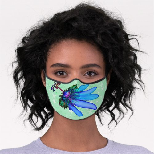 Passion Flower Design Blue on Green Premium Face Mask