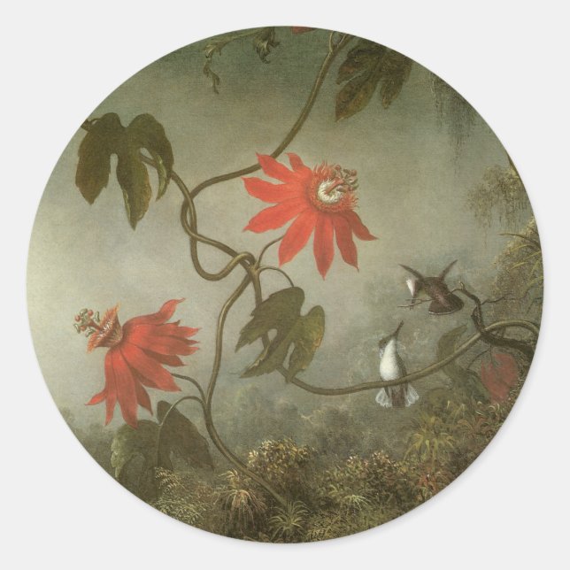 Passion Flowers and Hummingbirds by Martin J Heade Classic Round Sticker (Front)