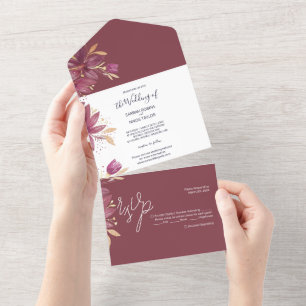 Passion Flowers Watercolor Burgundy And Gold All In One Invitation