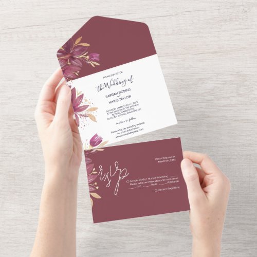 Passion Flowers Watercolor Burgundy And Gold All In One Invitation