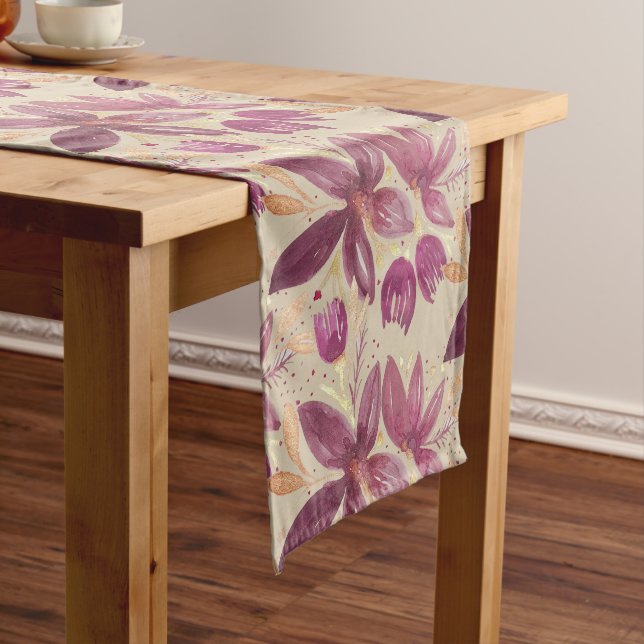 Passion Flowers Watercolor Burgundy Bronze Gold Long Table Runner (In Situ)