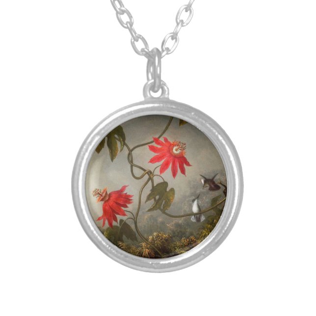 Passion Flowers with Hummingbirds Heade Silver Plated Necklace (Front)
