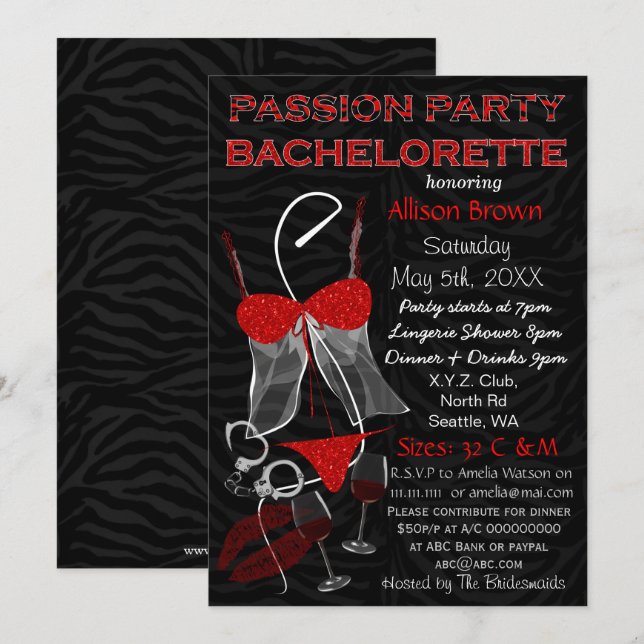 Passion Party Bachelorette, Lingerie Shower Invite (Front/Back)