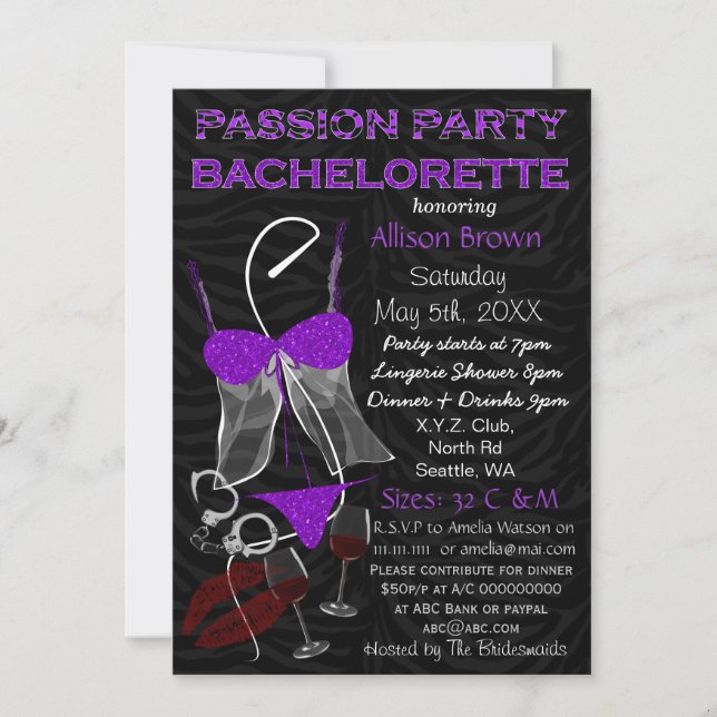 Passion Party Bachelorette, Lingerie Shower Invite (Front)