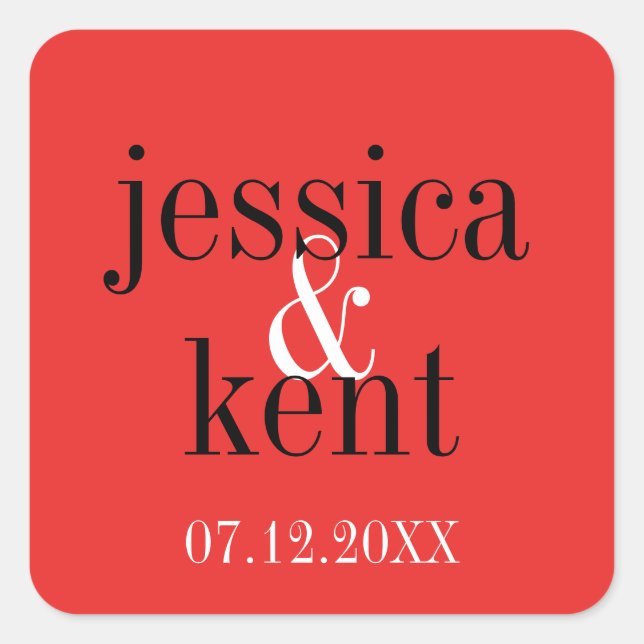 Passion red black typography modern wedding favor square sticker (Front)