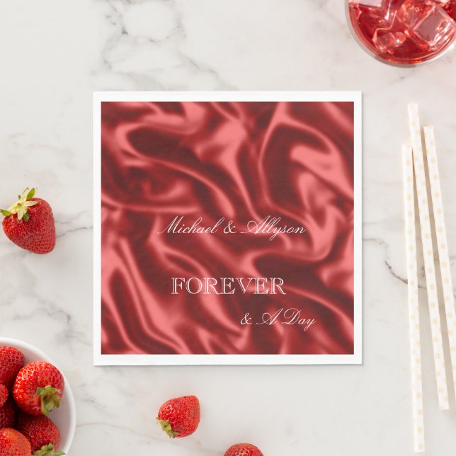 Passion Red Romantic Faux Satin Wedding Napkins (Insitu)