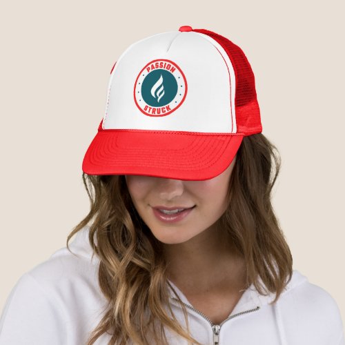Passion Struck Branded Trucker Hat _ red with teal