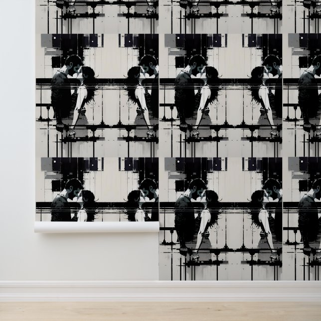 Passionate Couple Embrace in Black and White Wallpaper (Application)