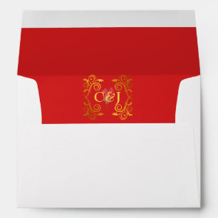 Passionate Red Gold Framed Initials Rose Lined Envelope