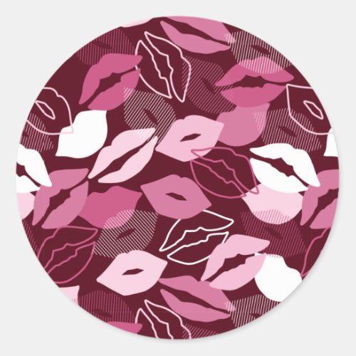 Passionate Red Pink Lips Kissing Pattern Classic Round Sticker