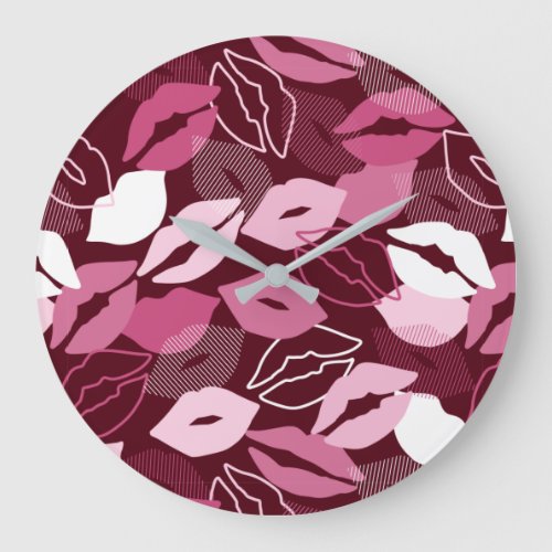 Passionate Red Pink Lips Kissing Pattern Large Clock