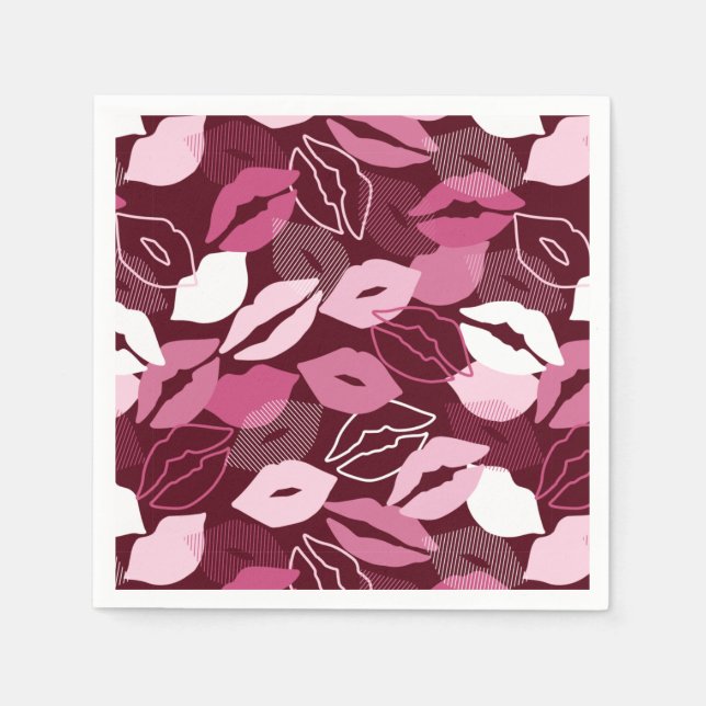 Passionate Red Pink Lips Kissing Pattern Napkins (Front)