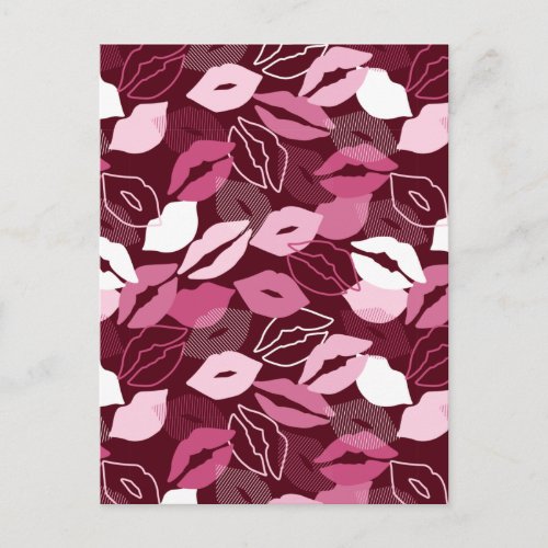Passionate Red Pink Lips Kissing Pattern Postcard