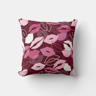 Passionate Red Pink Lips Kissing Pattern Throw Pillow