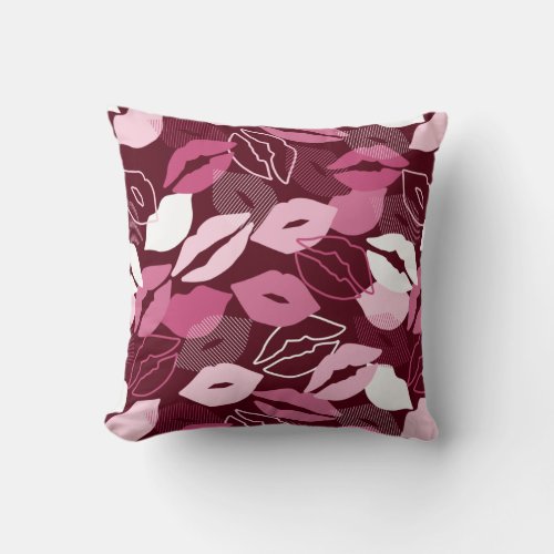 Passionate Red Pink Lips Kissing Pattern Throw Pillow