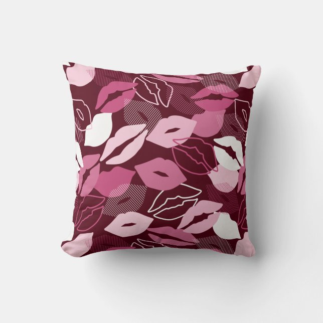 Passionate Red Pink Lips Kissing Pattern Throw Pillow (Front)