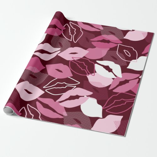 Passionate Red Pink Lips Kissing Pattern Wrapping Paper