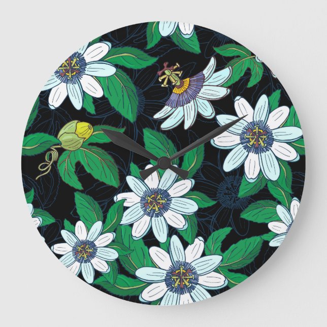 Passionflower Black Background Floral Seamless Large Clock (Front)