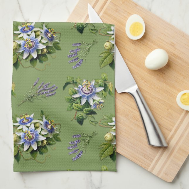 Passionflower Sage Green Floral Kitchen Dish Towel (Quarter Fold)