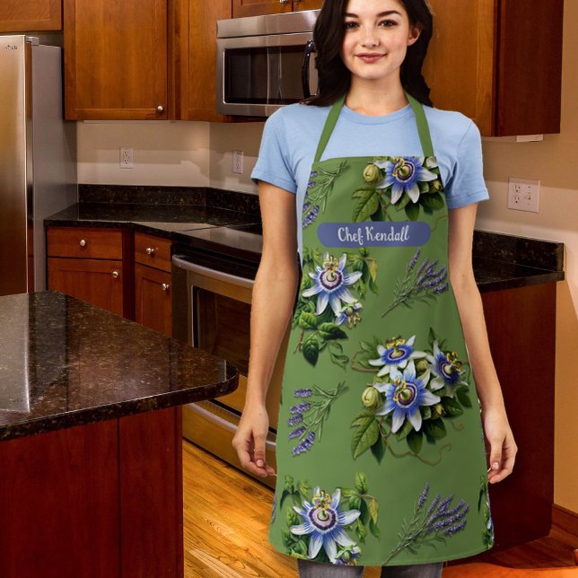 Passionflowers Sage Green Floral Personalized Bib Apron (Creator Uploaded)