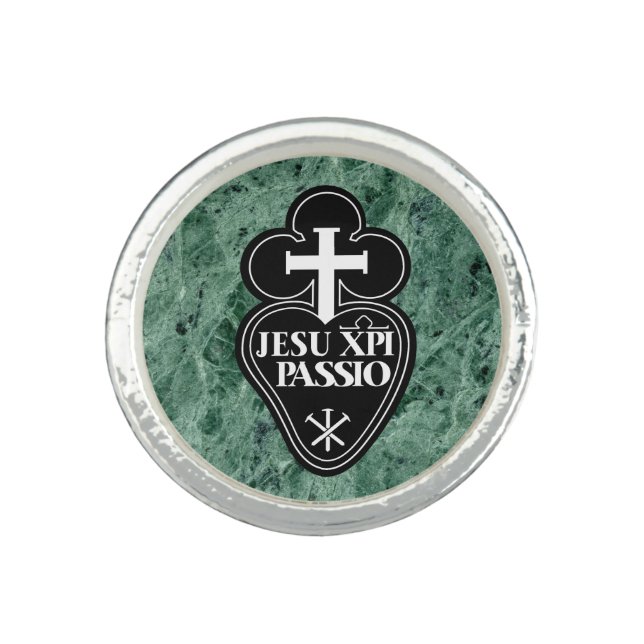 Passionists Symbol Ring with faux green gemstone (Front)