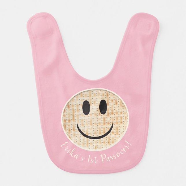 Passover Baby Bib Passover Happy Matzah/Pink" (Front)