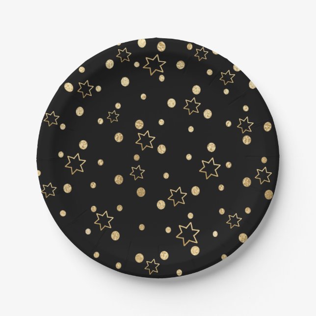 Passover Black Gold Stars Paper Plates (Front)