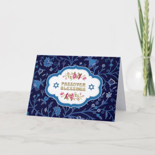 Passover Blessings Blue Floral Pattern Card