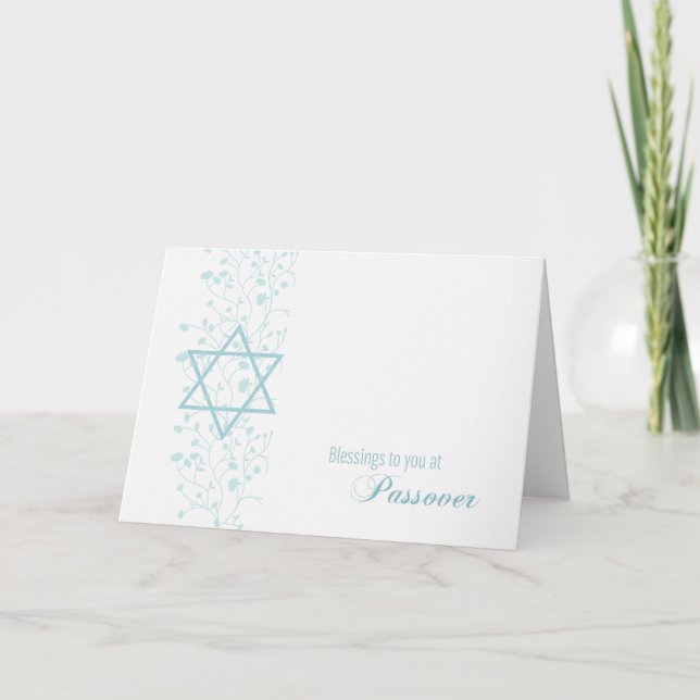 Passover Blessings, Blue Flowers, Star of David Card (Front)