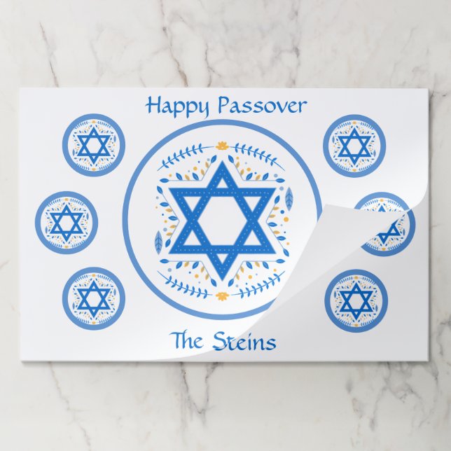 PASSOVER Blue Star of David NAME White Placemats (Folded)