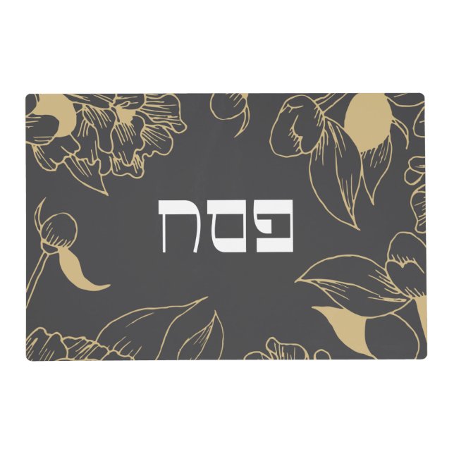 Passover Gold Florals Hebrew Placemat (Front)