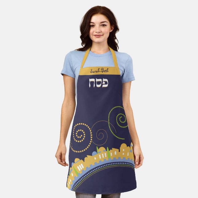 Passover Hebrew Festive Jerusalem Navy Swirl  Apron (Worn)