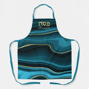 Passover Hebrew Teal, Turquoise & Gold Faux Agate Apron