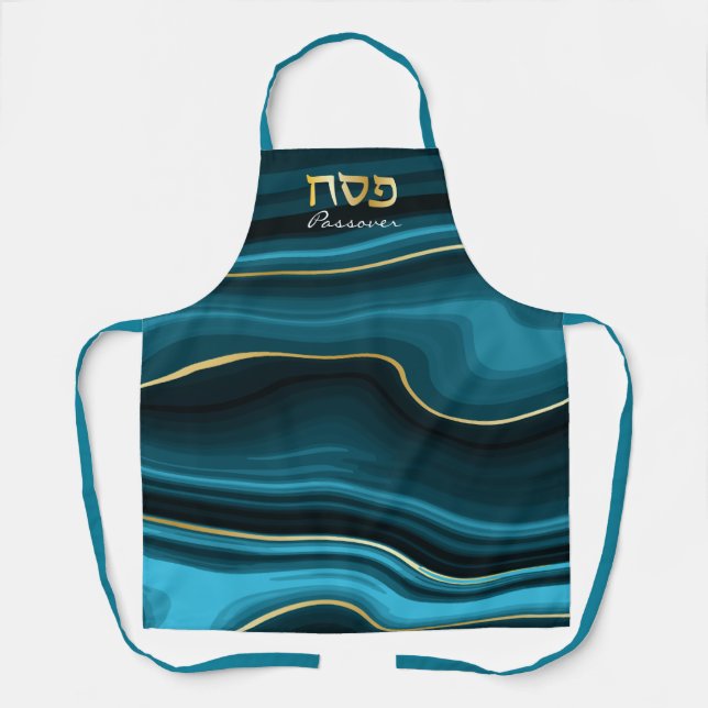 Passover Hebrew Teal, Turquoise & Gold Faux Agate Apron (Front)