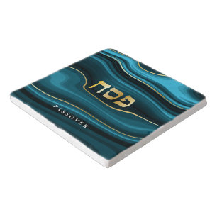 Passover Hebrew Teal, Turquoise & Gold Faux Agate Trivet